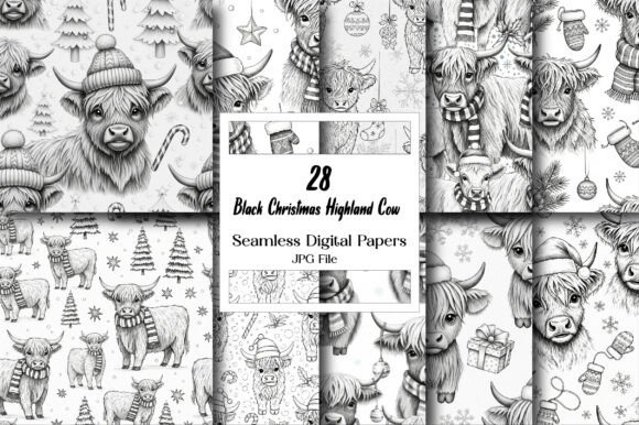 Download Black Christmas Highland Cow Pattern - Christmas Collection